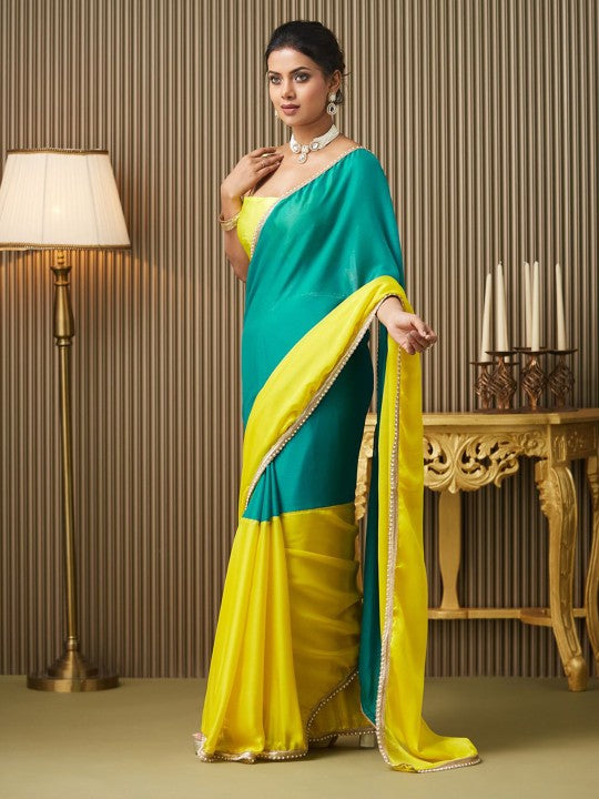 Colourblocked Beads and Stones Pure Chiffon Saree