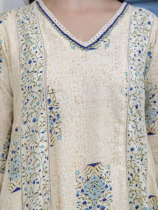 Floral Printed Pure Cotton A‑Line Kurta with Trousers & Dupatta