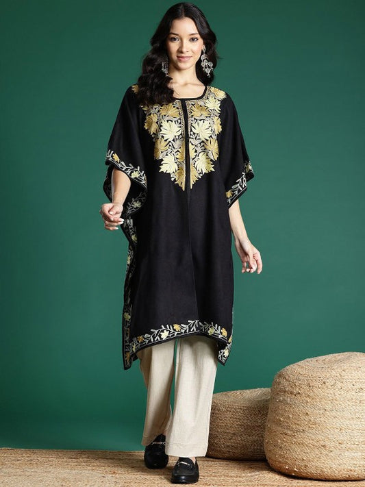 Black Floral Embroidered Jacquard Weave Acrylic Kaftan Kurta
