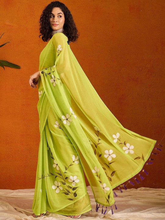 Rustic Floral Poly Chiffon Saree